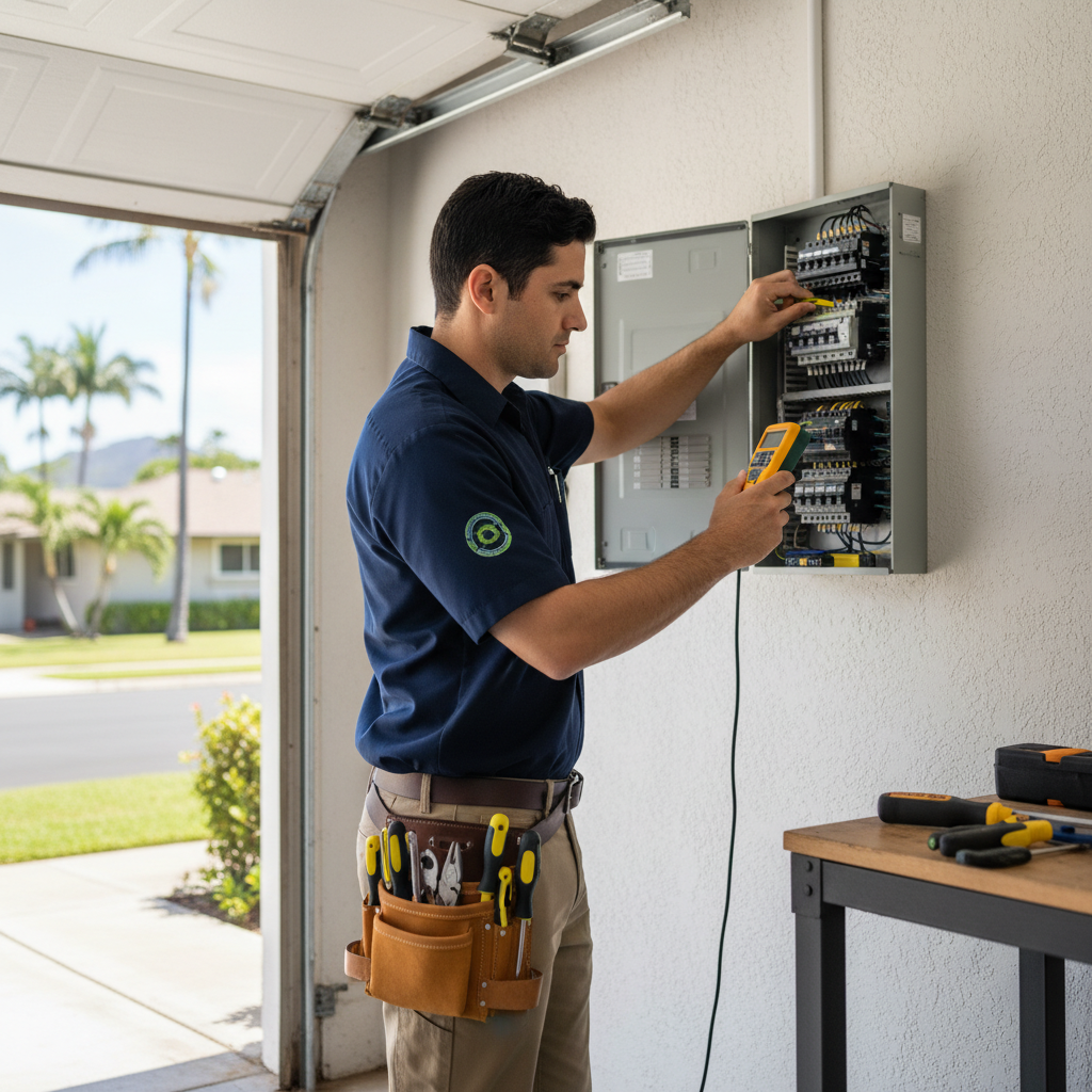 Licensed electrician in Mililani performing electrical panel service inside a residential home on Oahu