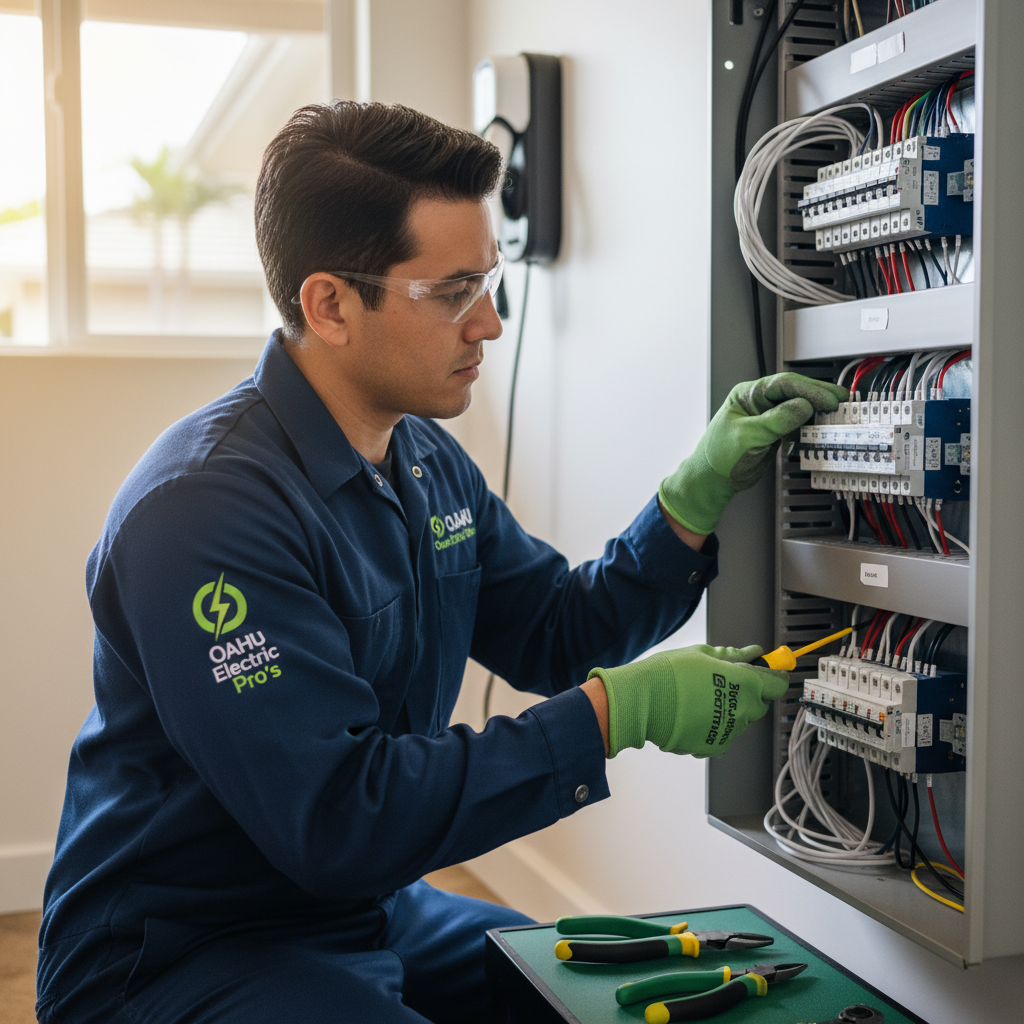 Electrician in Mililani replacing circuit breakers during an electrical panel upgrade in a Central Oahu home