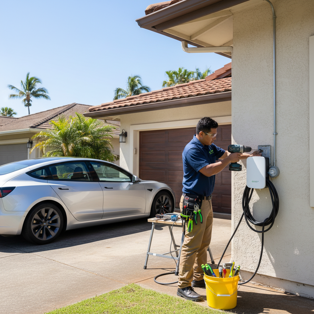 Electrician installing an EV charger at a residential property near Mililani Town Center on Oahu