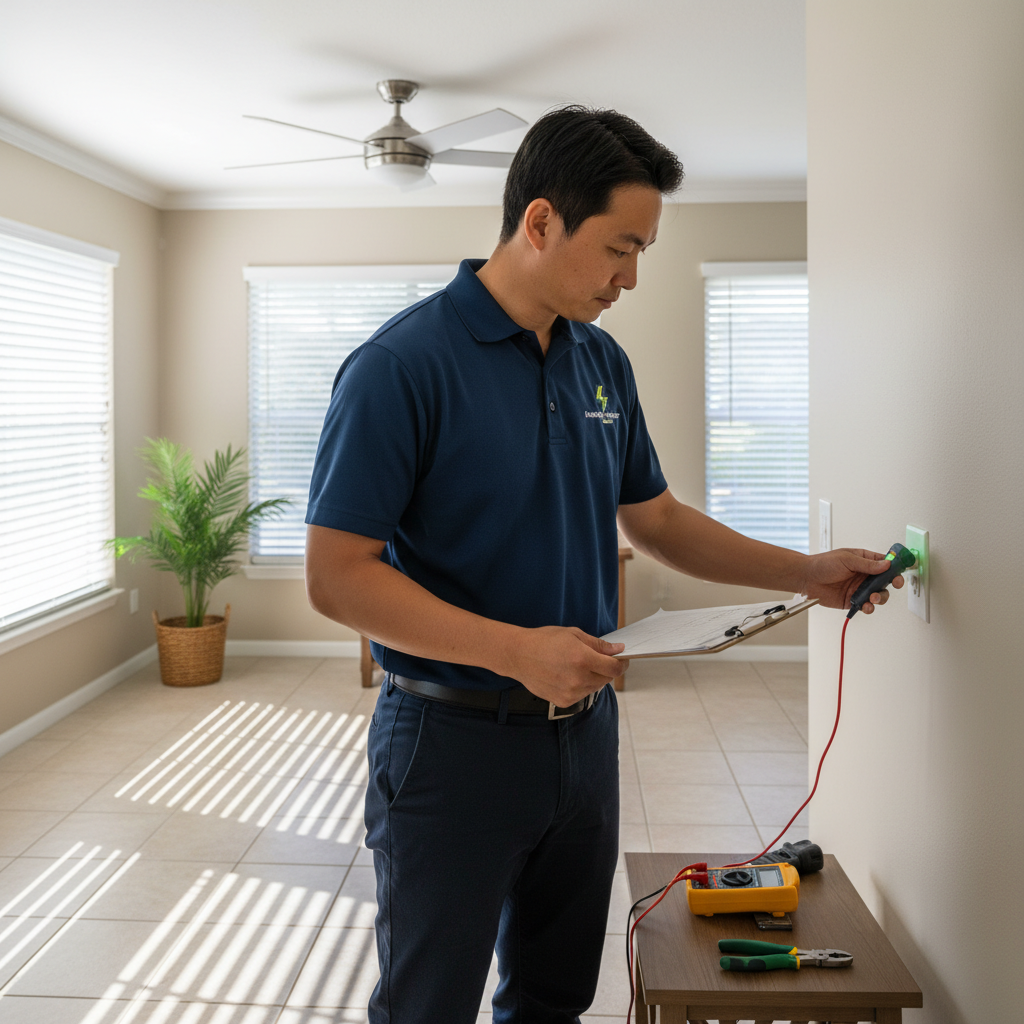 Electrician performing a residential electrical safety inspection inside a Mililani home in Central Oahu