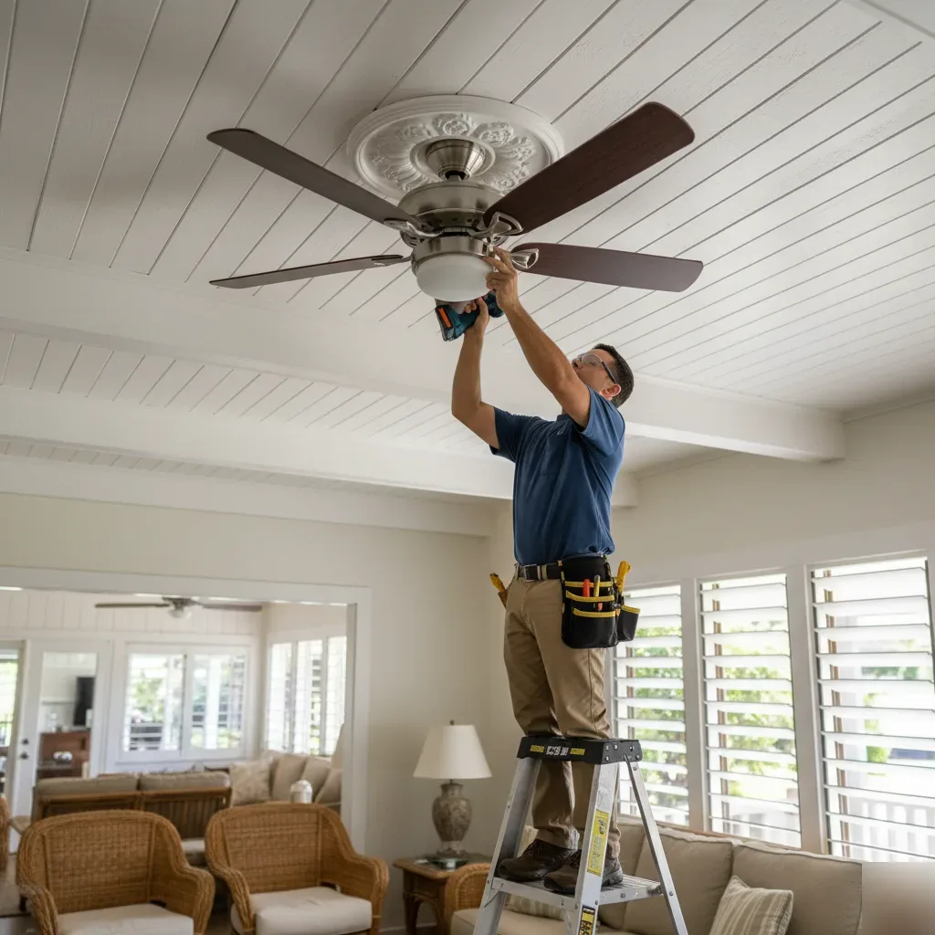 Licensed electrician installing a ceiling fan in an Oahu home