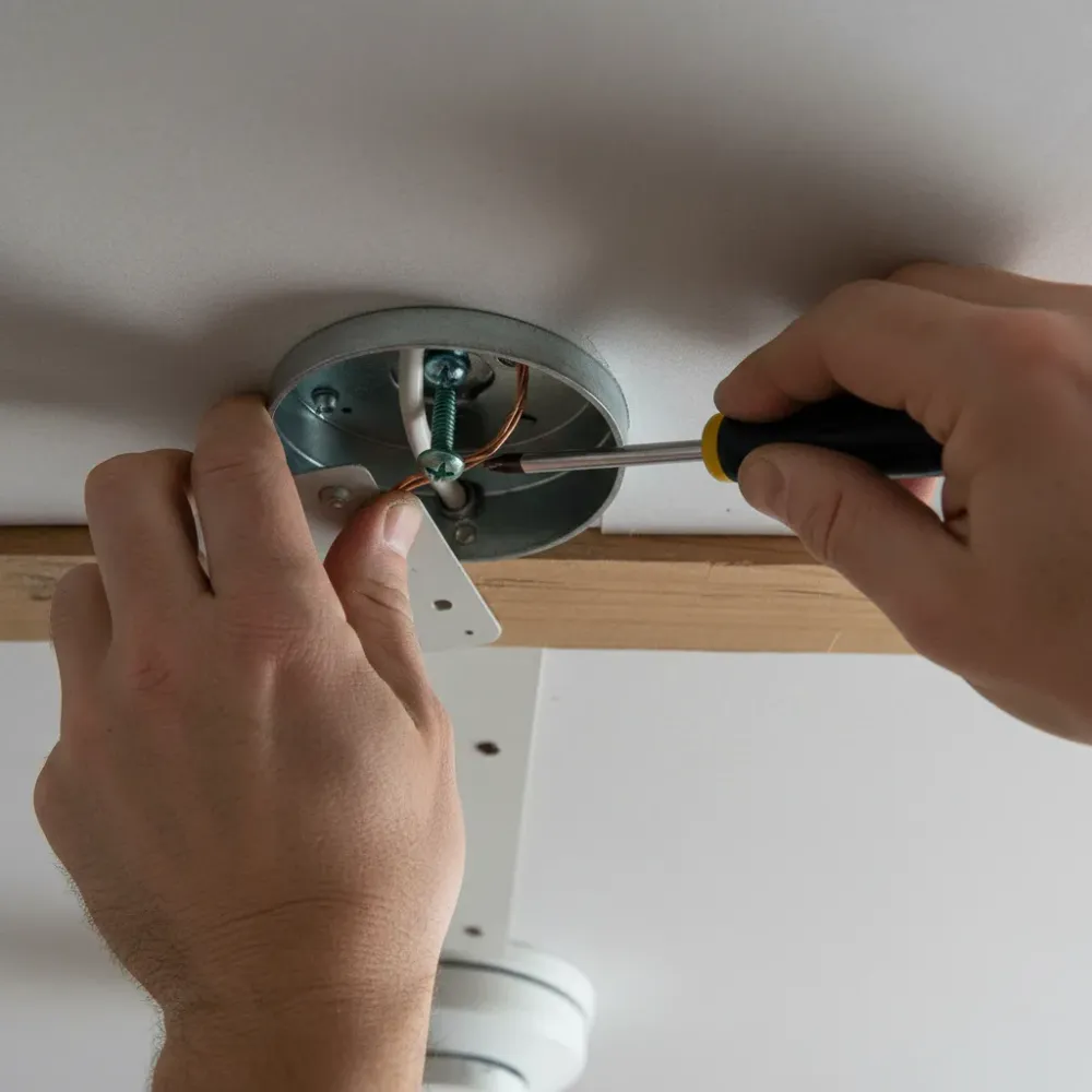 Close-up of ceiling fan wiring and junction box installation in Oahu