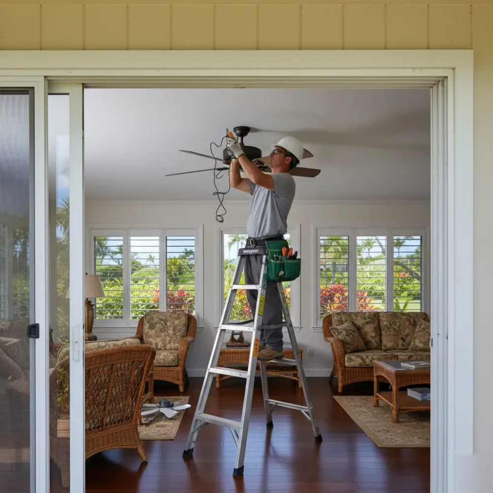 Electrician installing ceiling fan inside an Oahu plantation-style home