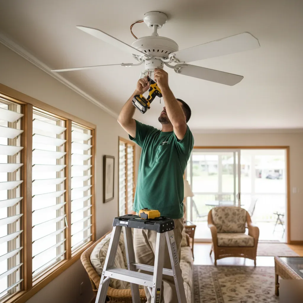 Licensed electrician repairing a ceiling fan in an Oahu residential home