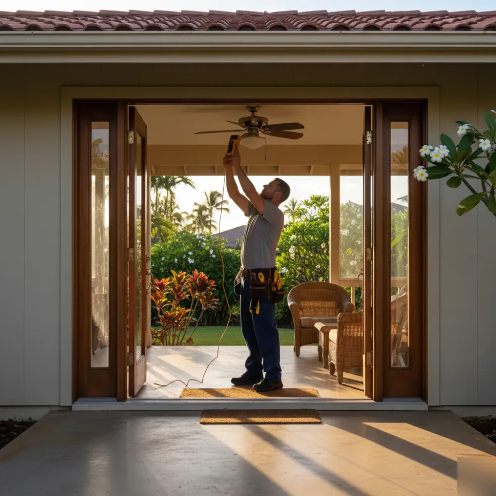 Electrician testing ceiling fan repair at an Oahu home with tropical surroundings