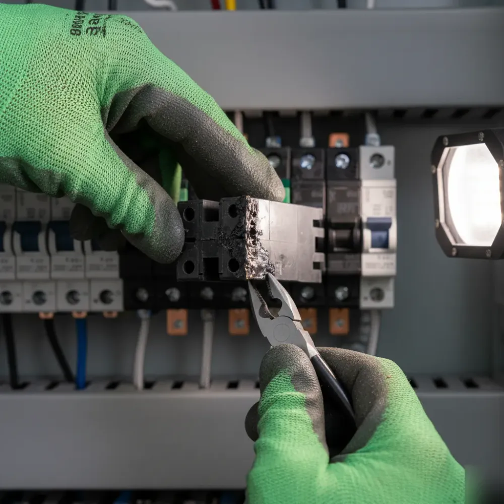 Close-up circuit breaker inspection showing damaged breaker in Oahu residential panel