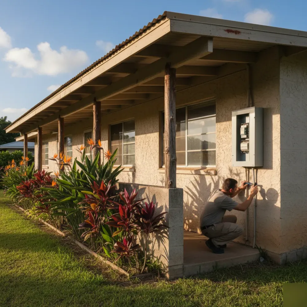 Electrician performing circuit breaker repair at exterior panel on Oahu home