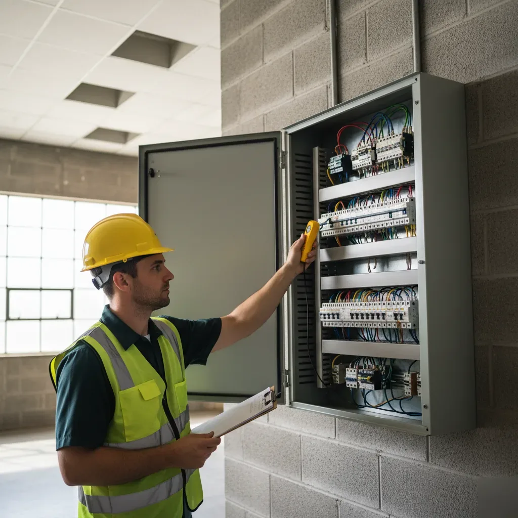 Licensed electrician inspecting commercial electrical panel for Oahu business upgrade