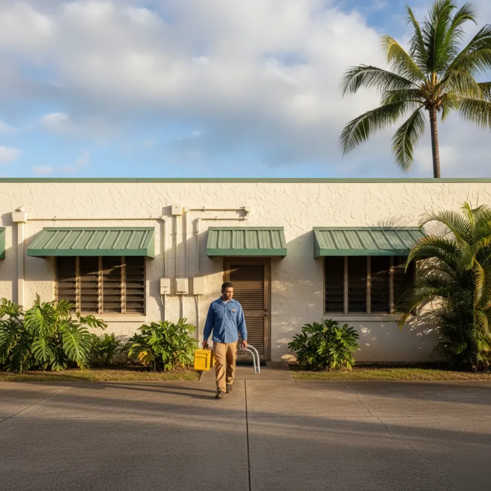 Electrician arriving at Oahu commercial building for electrical service visit