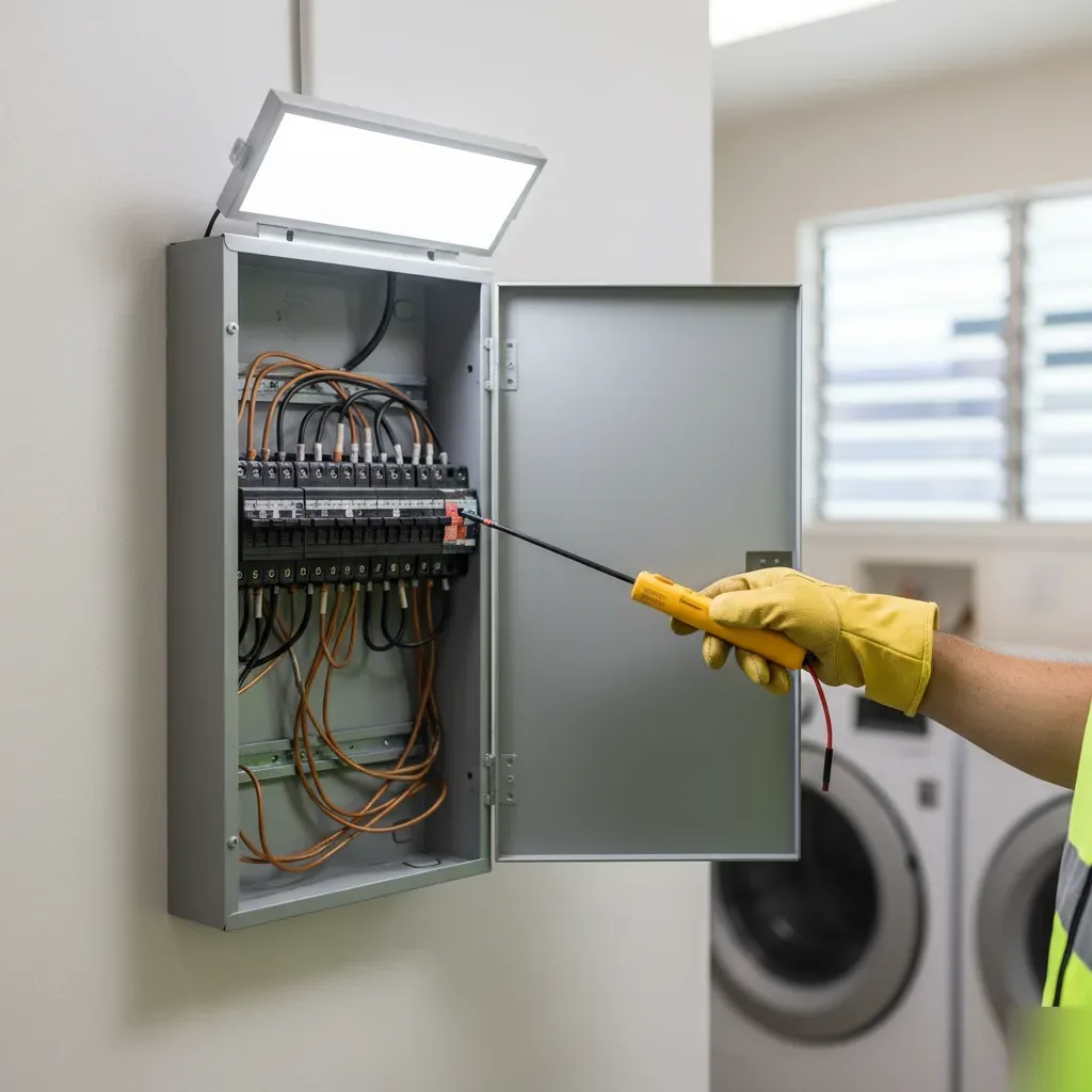 Electrical installation service in Oahu — electrician inspecting residential breaker panel