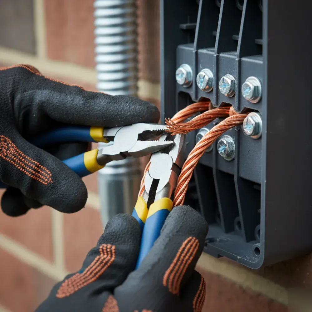 Close-up of copper wiring connection during electrical meter upgrade in Oahu home