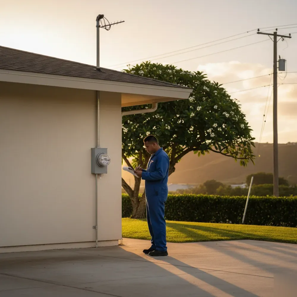 Electrician reviewing permit paperwork beside completed meter upgrade on Oahu home exterior