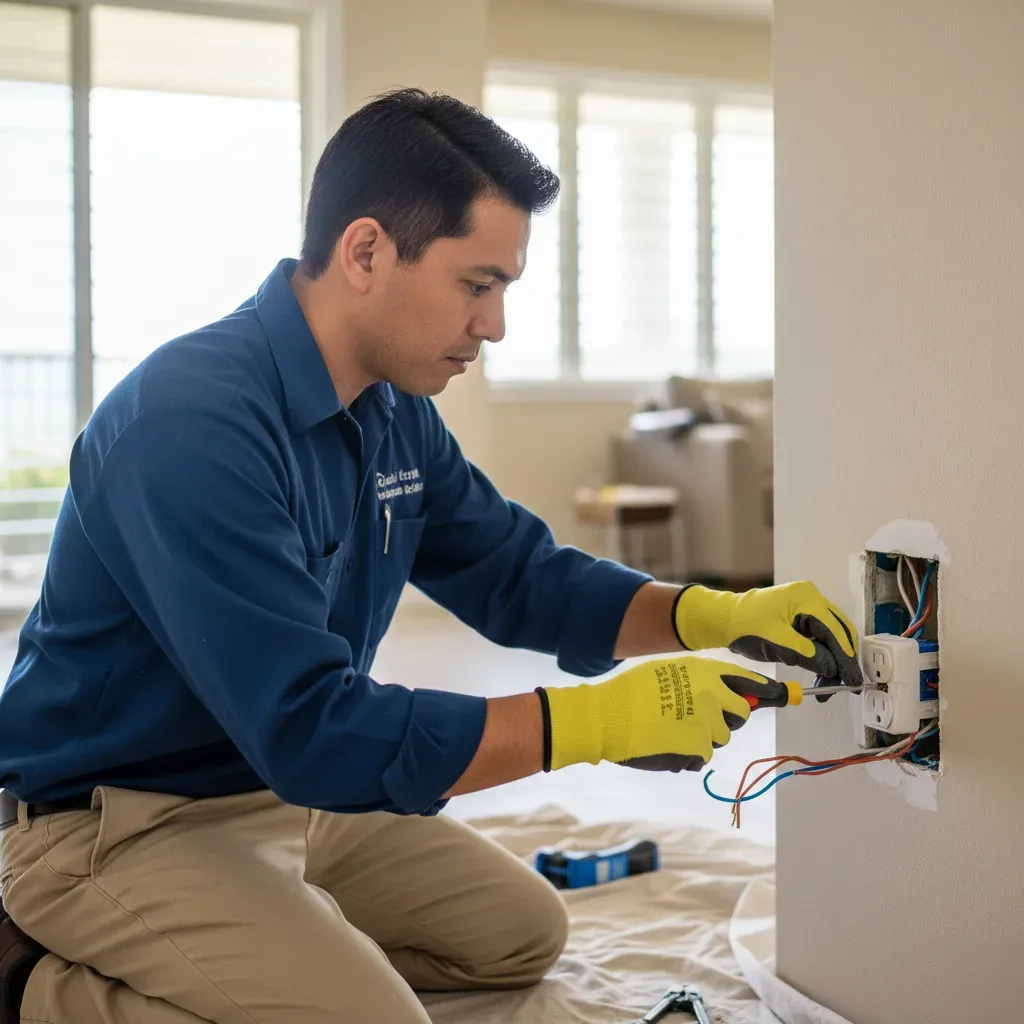 Electrician installing a new electrical outlet in an Oahu home