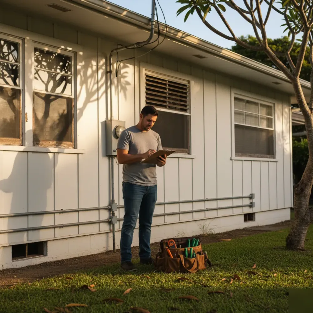 Electrician reviewing outlet installation permit outside Oahu home