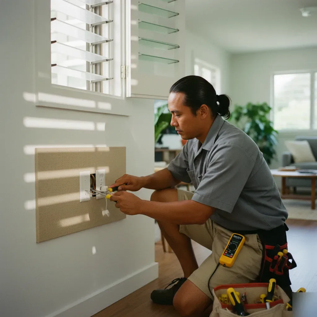 Electrician repairing a wall outlet in an Oahu home during daytime