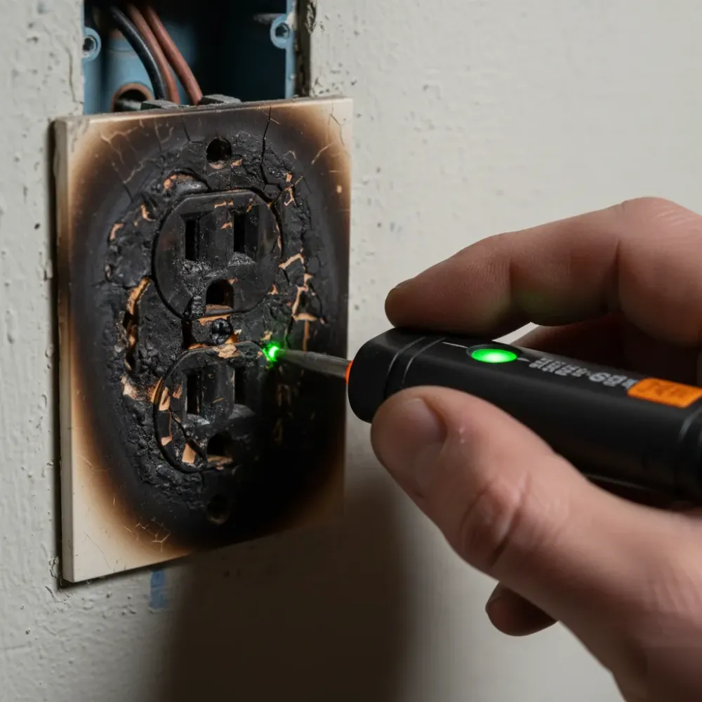 Close-up of voltage tester on damaged electrical outlet during Oahu repair