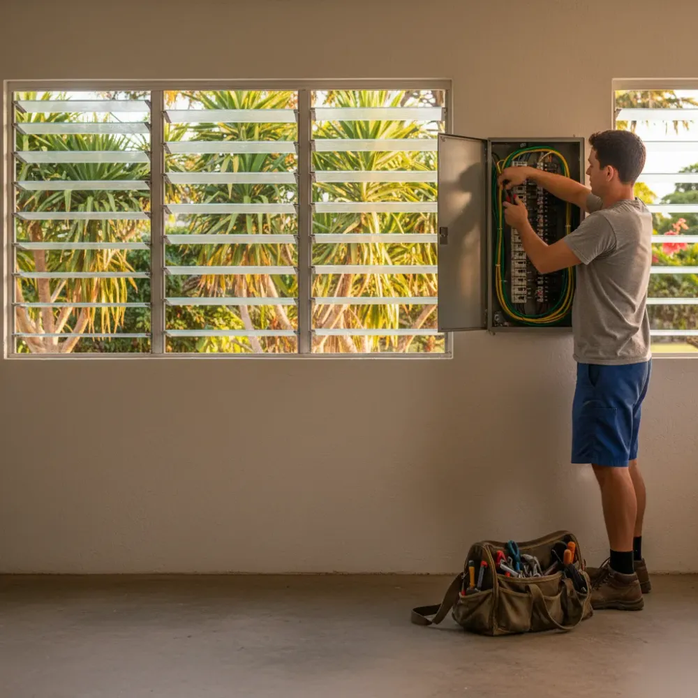 Electrician working on electrical panel inside an Oahu residential home