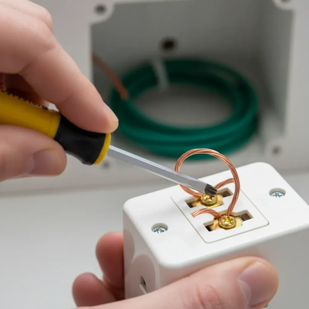 Close-up detail of outlet wiring during switch relocation in Oahu