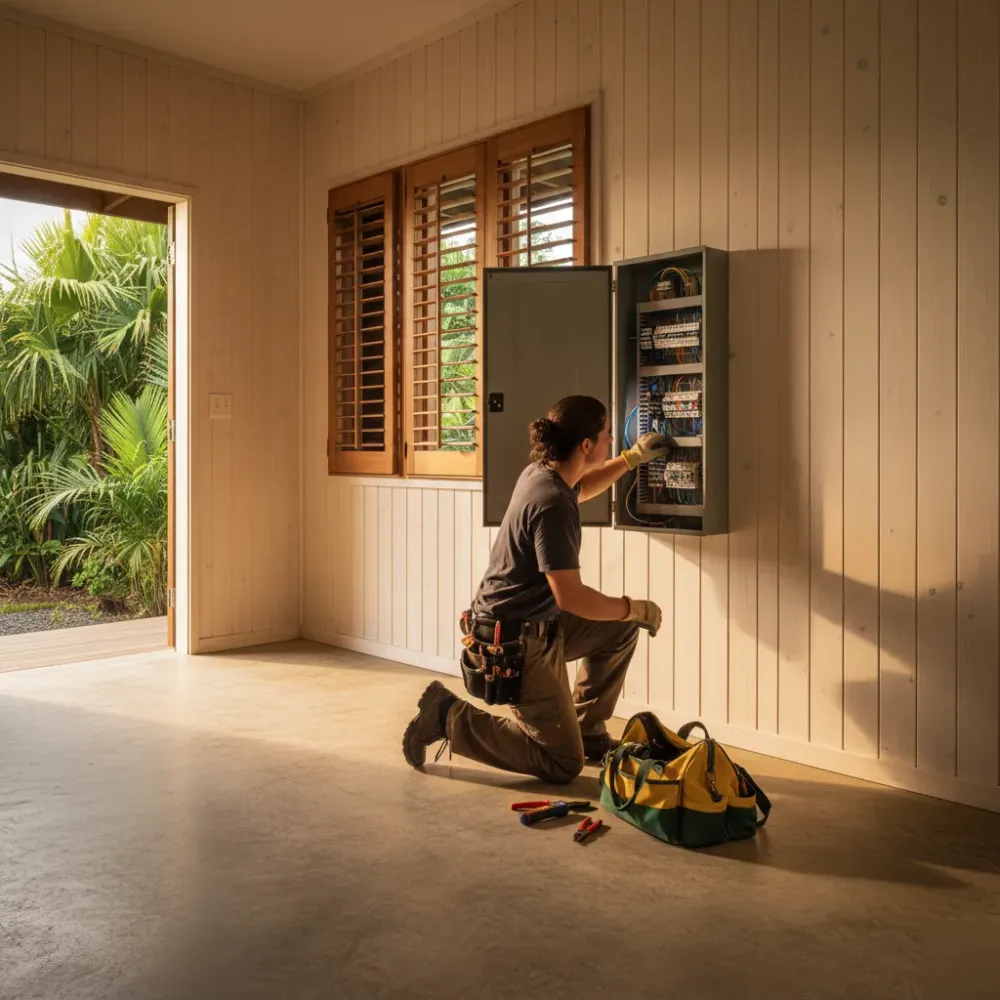 Electrician inspecting panel during outlet relocation in Oahu plantation home