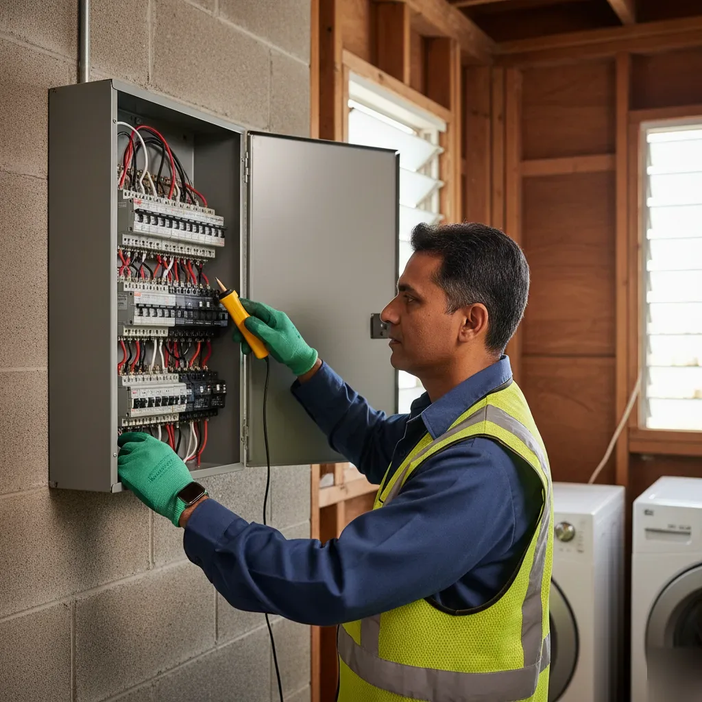 Licensed electrician inspecting electrical panel during installation service in Oahu