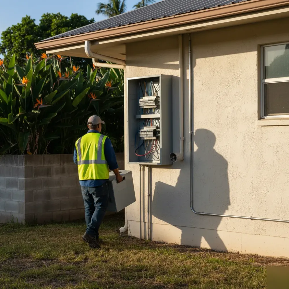 Electrician carrying panel box to Oahu home exterior utility closet during installation
