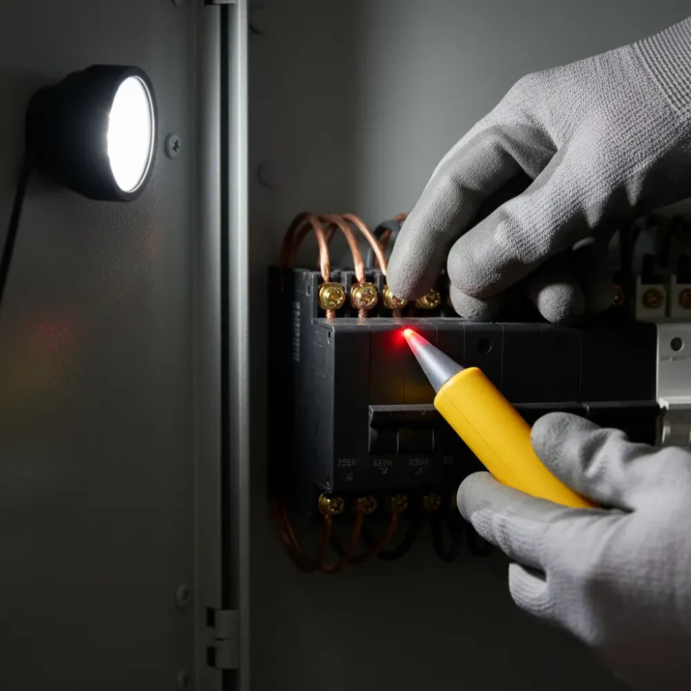 Close-up voltage tester on circuit breaker during electrical panel repair Oahu