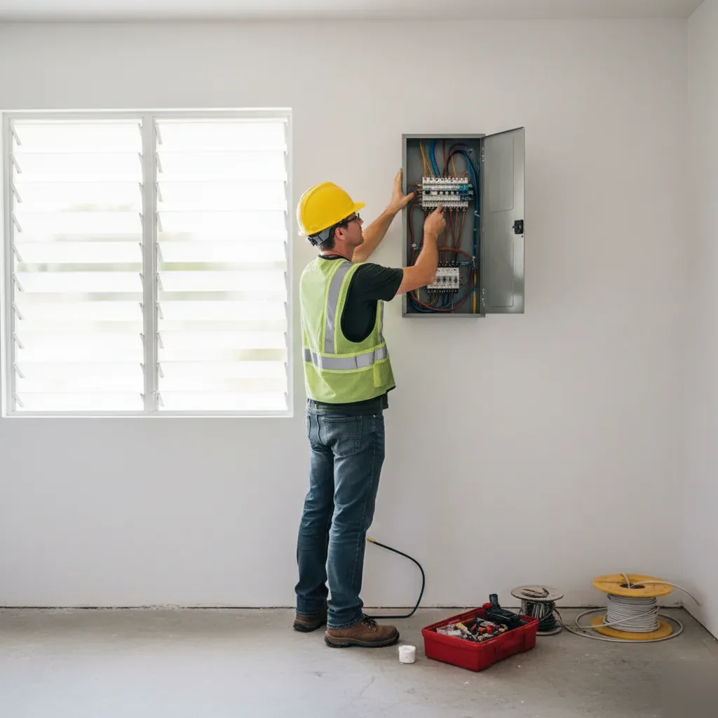 Electrician installing electrical panel replacement in Oahu home interior