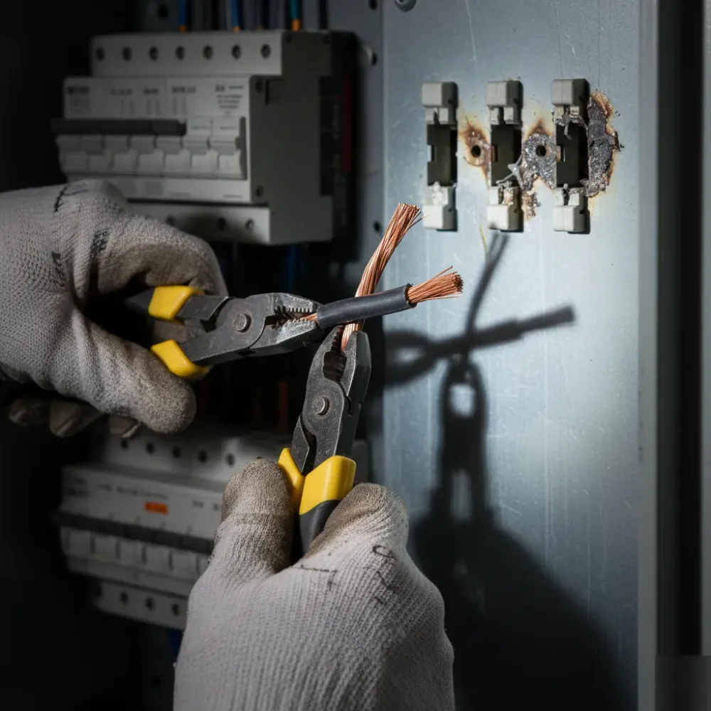 Close-up of electrical panel wiring inspection during panel replacement Oahu