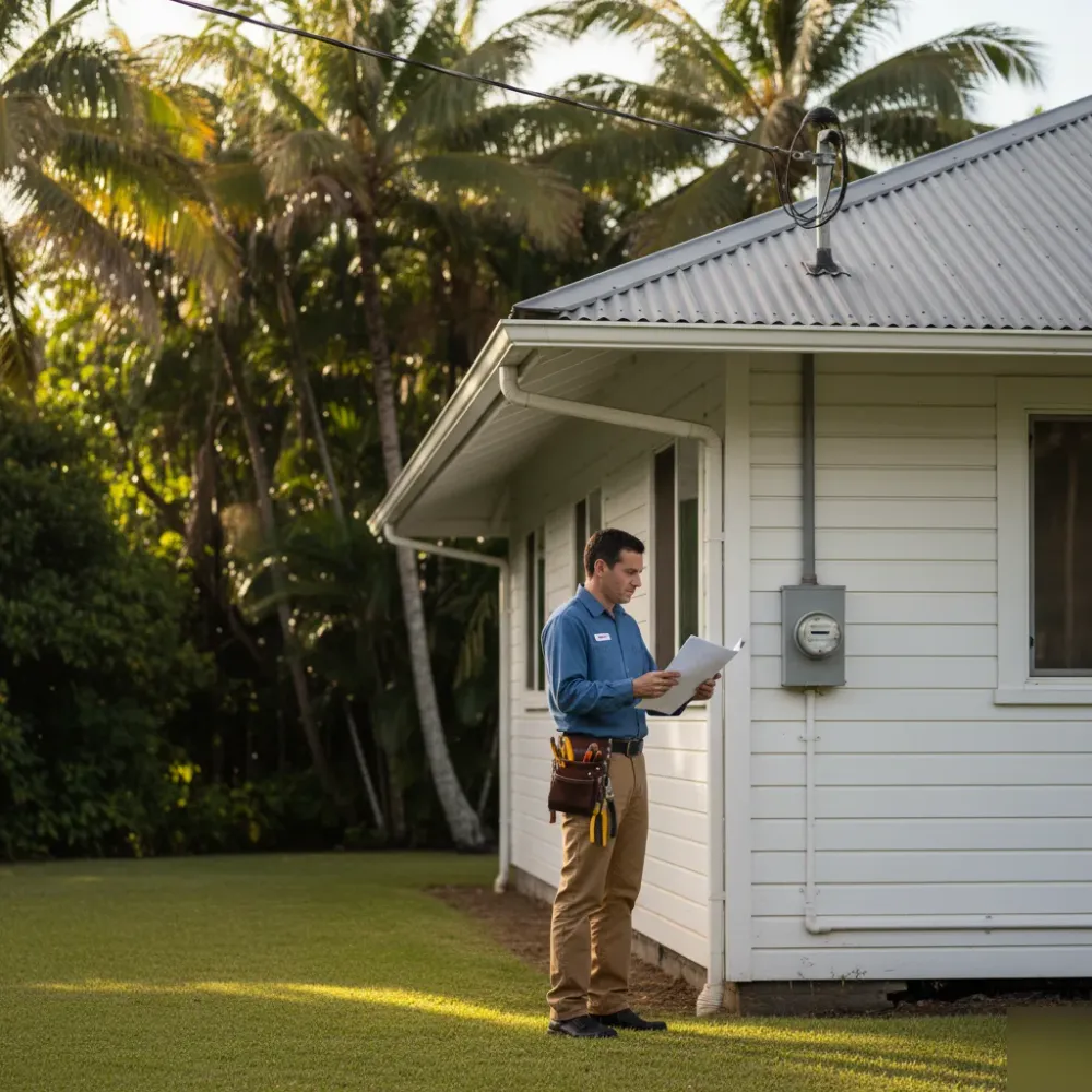 Electrician reviewing electrical panel replacement permit outside Oahu home