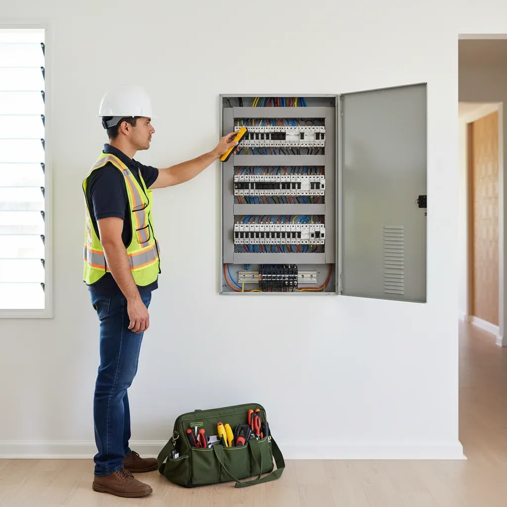 Licensed electrician inspecting residential electrical panel during Oahu electrical panel services appointment