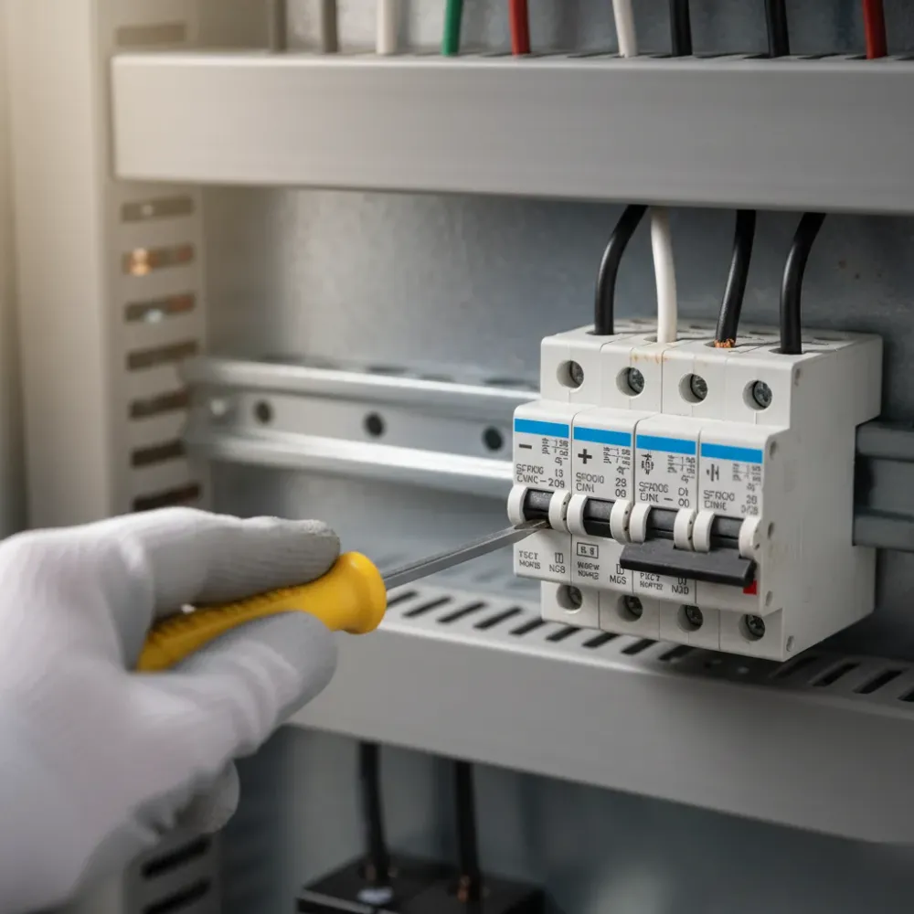 Close-up of electrician tightening circuit breaker terminal during electrical panel service on Oahu