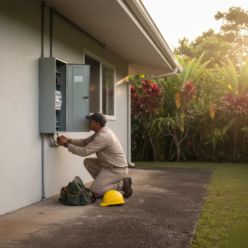 Electrician performing exterior electrical panel work on Oahu home surrounded by tropical landscaping
