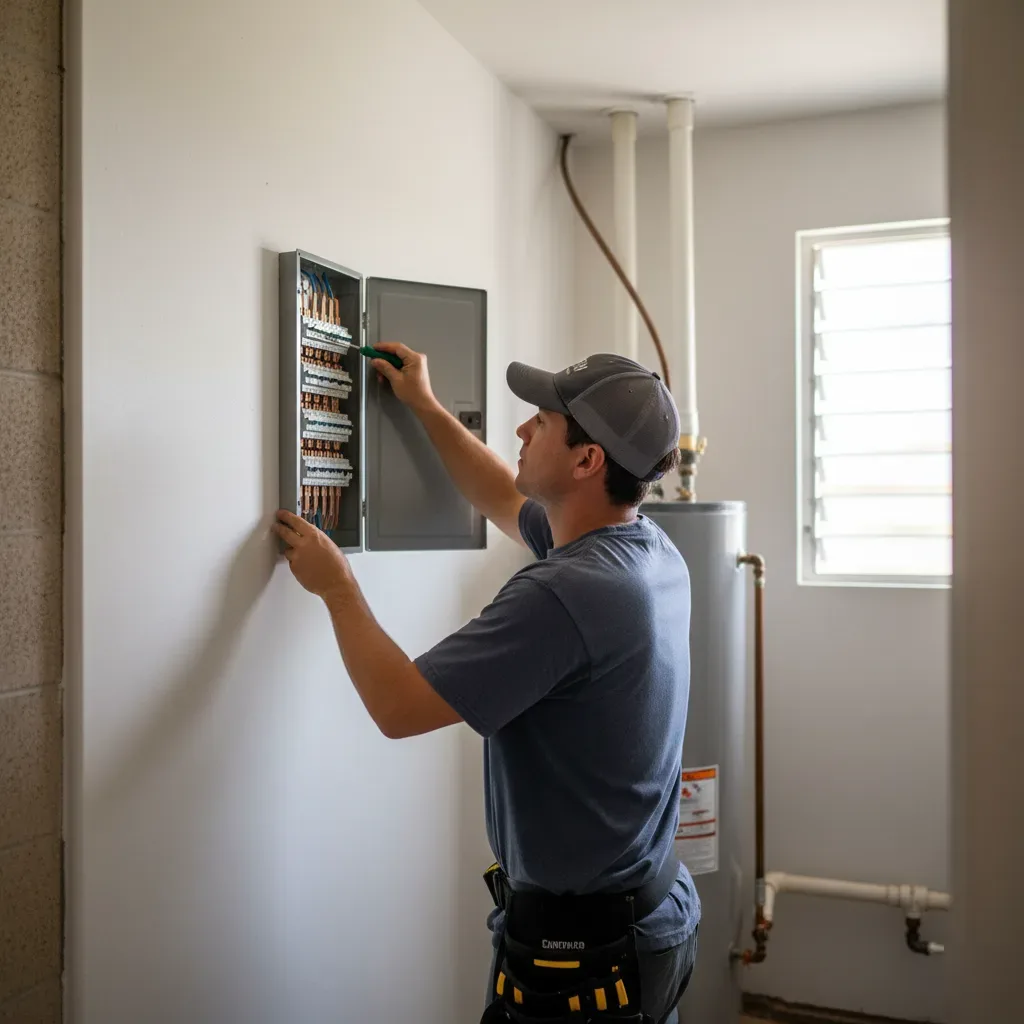 Electrician mounting new 200-amp electrical panel during panel upgrade in Oahu home