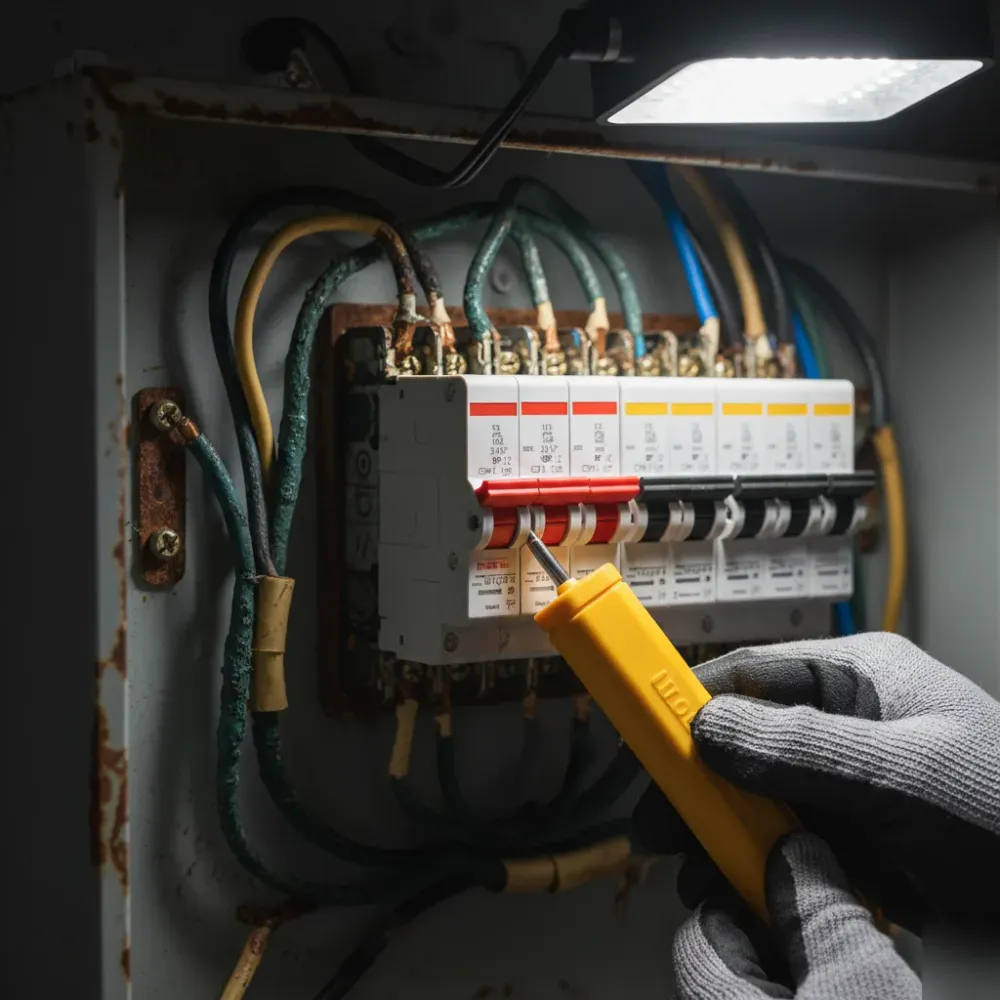 Close-up of voltage tester on corroded breakers showing signs panel upgrade needed in Oahu