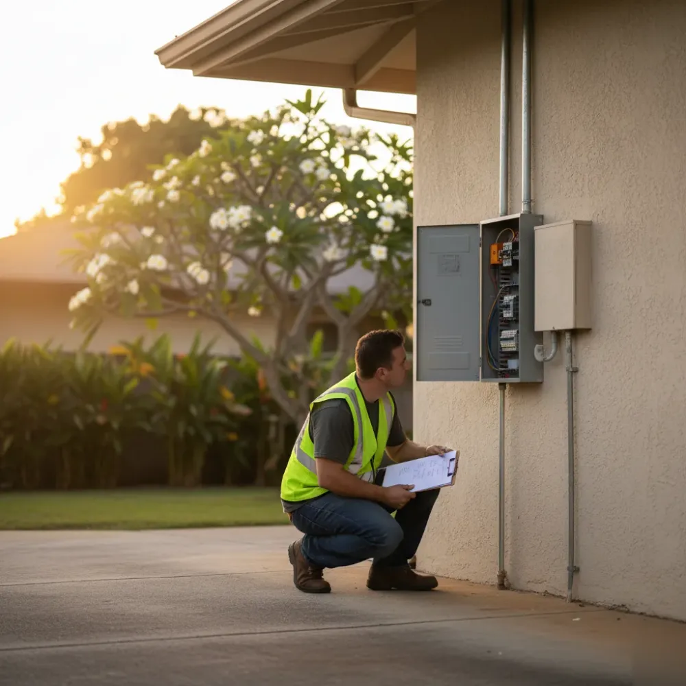 Electrician reviewing panel load calculations outside Oahu home during electrical panel upgrade