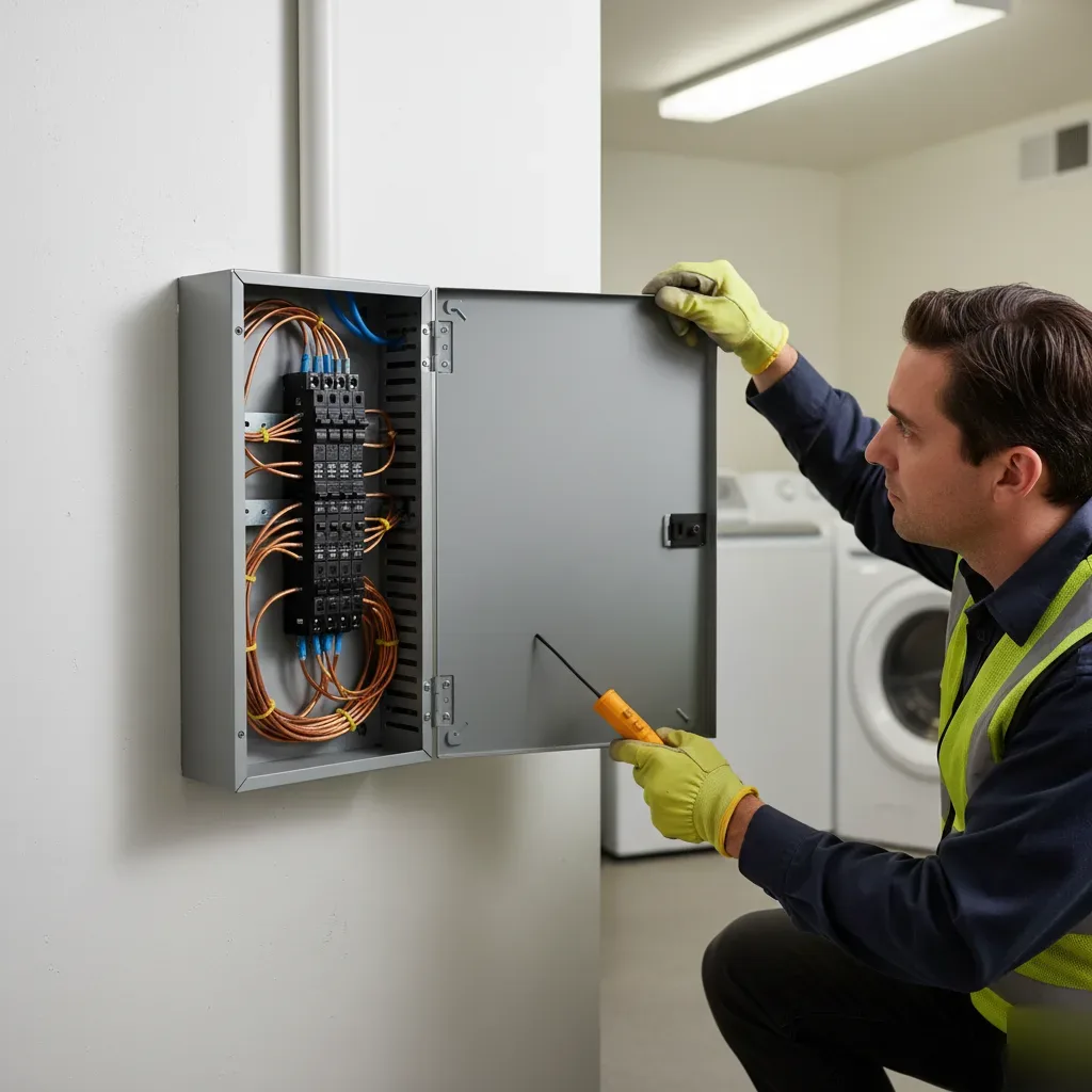Licensed electrician inspecting residential electrical panel during electrical repairs in Oahu