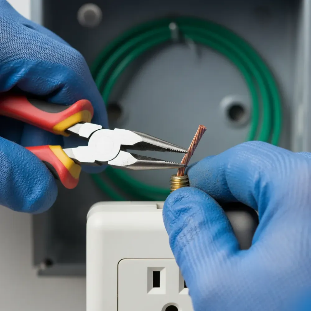 Close-up of copper wire connection during electrical outlet repair in Oahu home