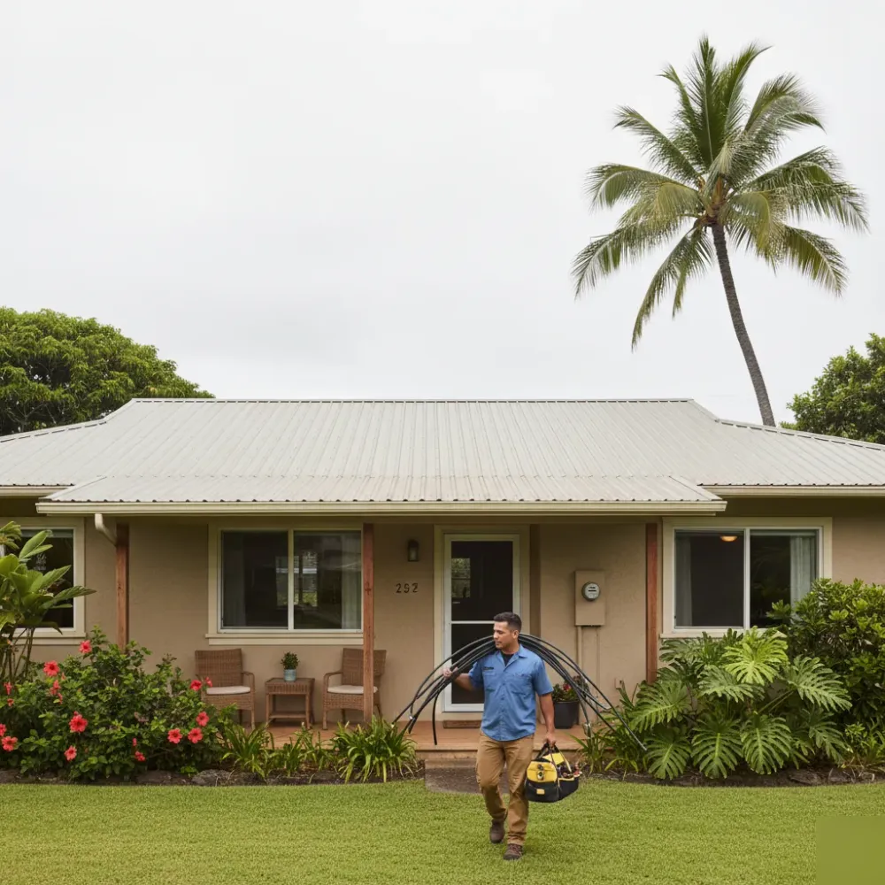 Electrician arriving at Oahu ranch-style home for electrical repair service visit