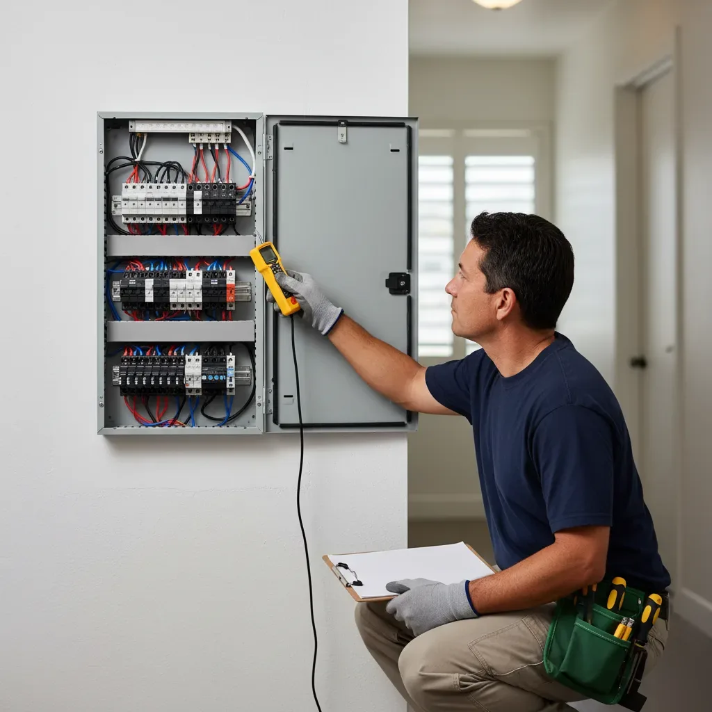 Electrician inspecting residential electrical panel during safety inspection in Oahu