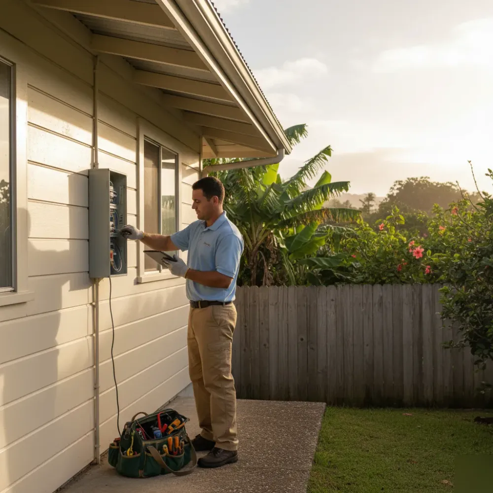 Electrician performing outdoor electrical safety inspection at Oahu residential property