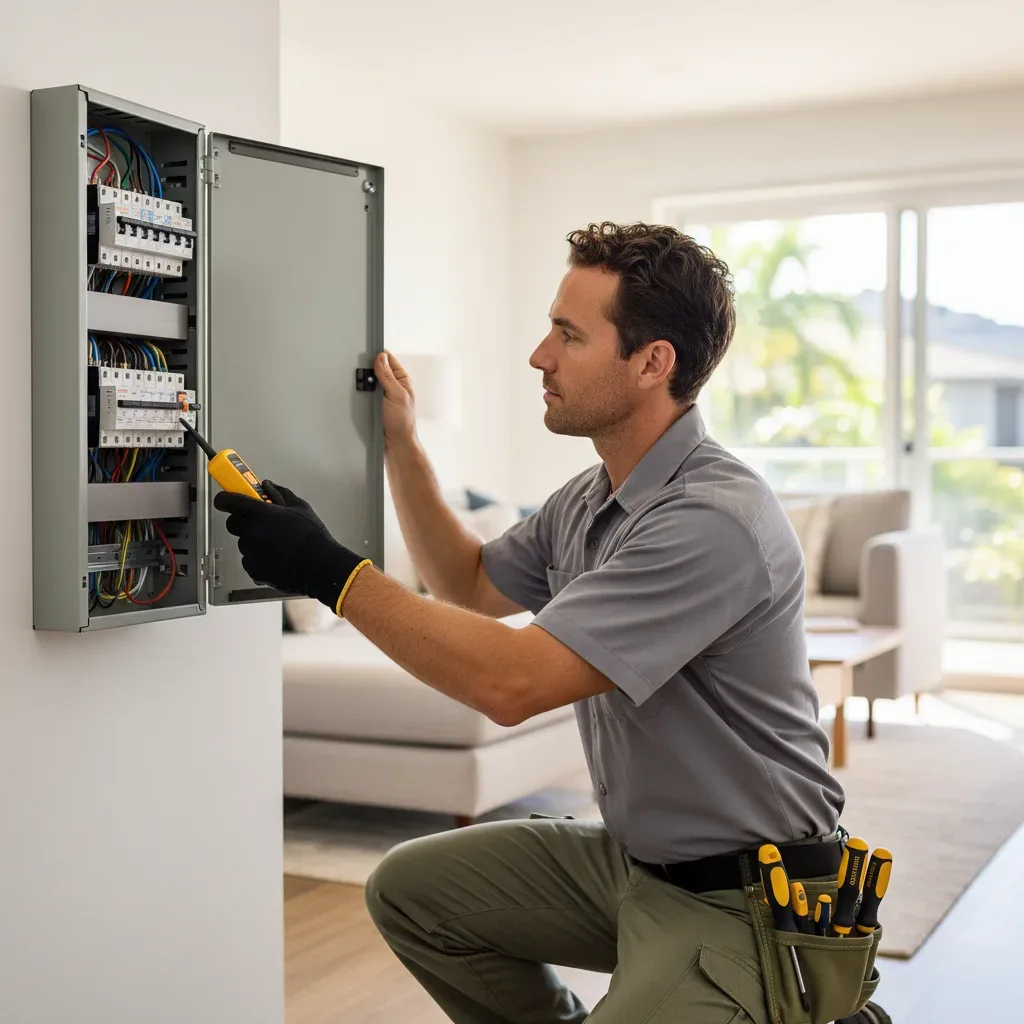 Electrician troubleshooting residential electrical panel during electrical troubleshooting service in Oahu