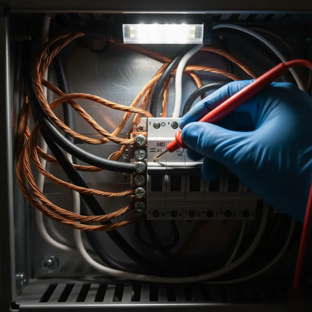 Close-up of electrician using multimeter on wiring during electrical troubleshooting in Oahu