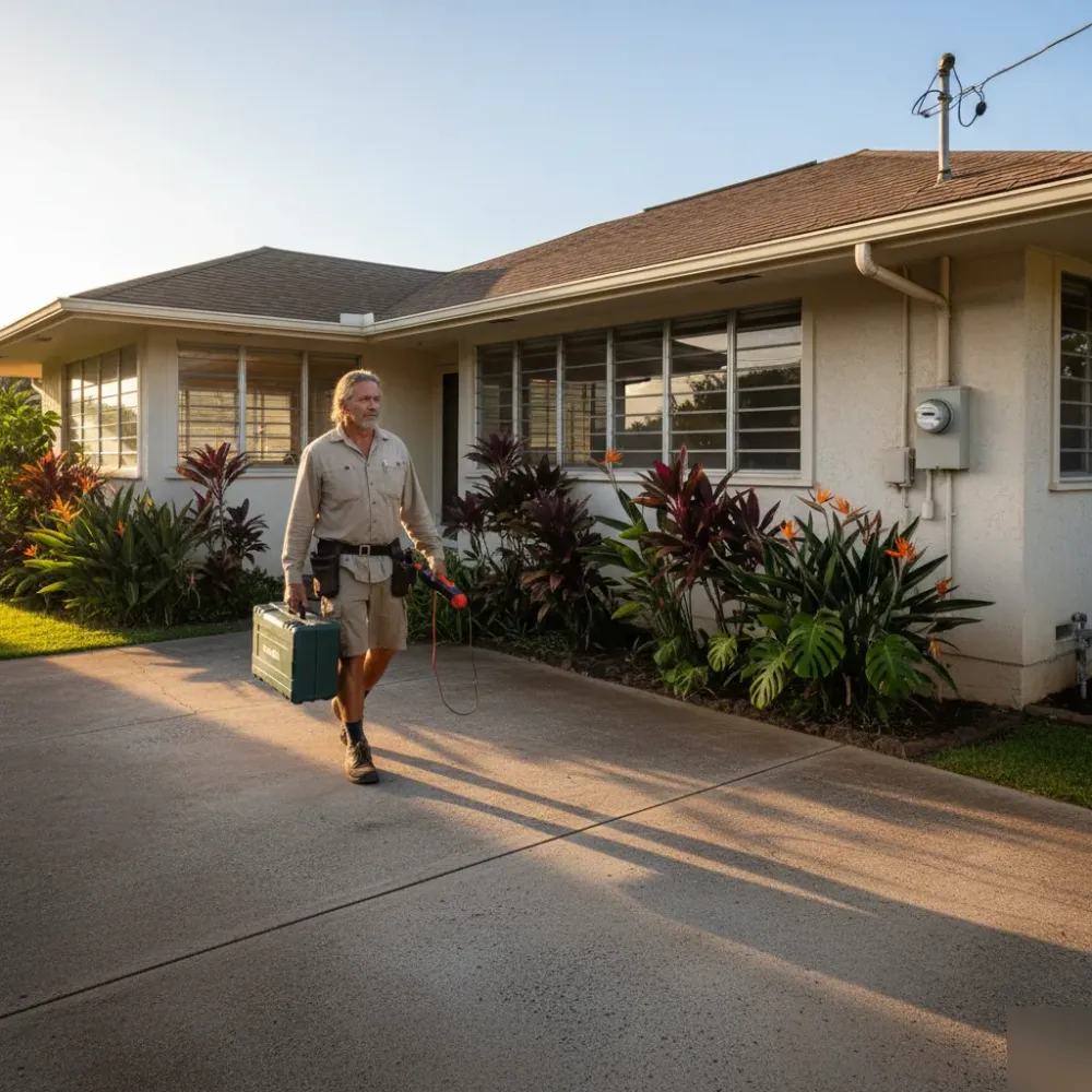 Electrician arriving at Oahu home for electrical troubleshooting service call