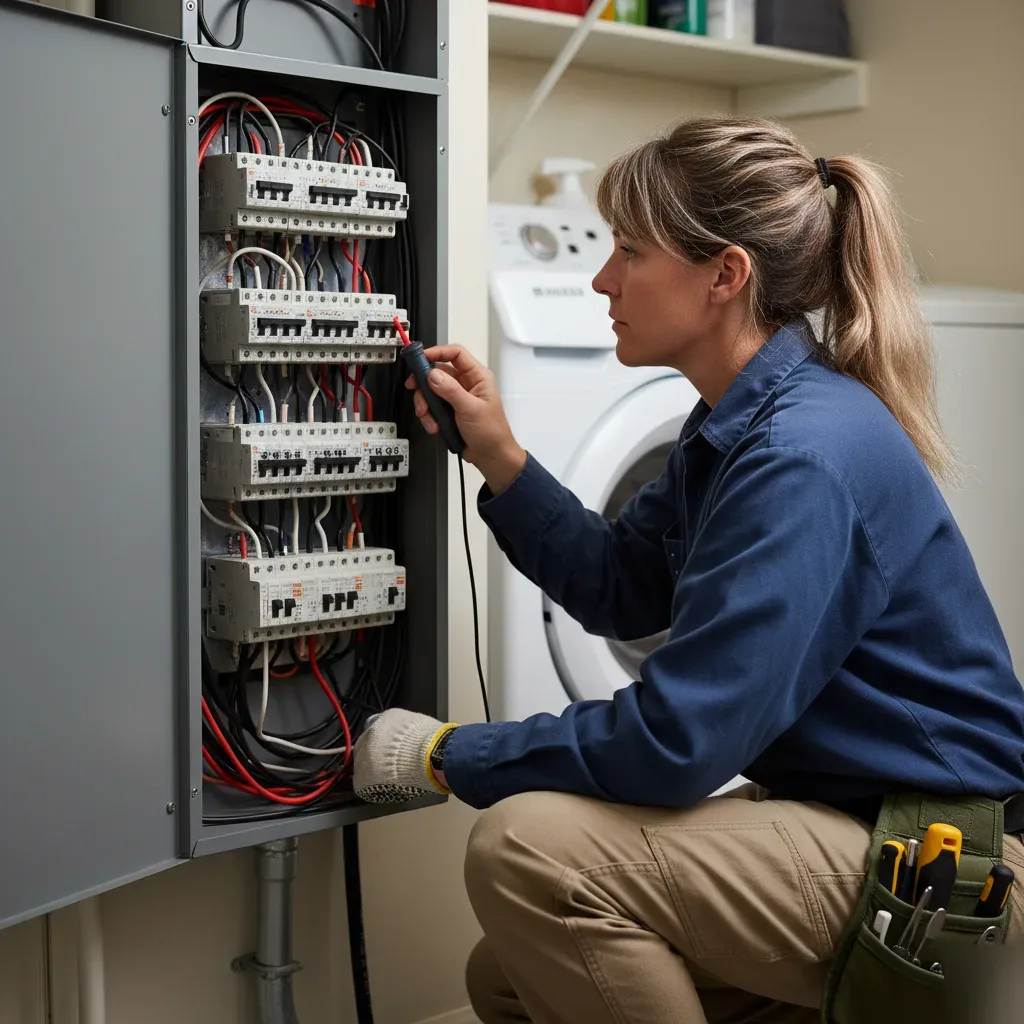 Electrician inspecting residential electrical panel for wiring repair in Oahu