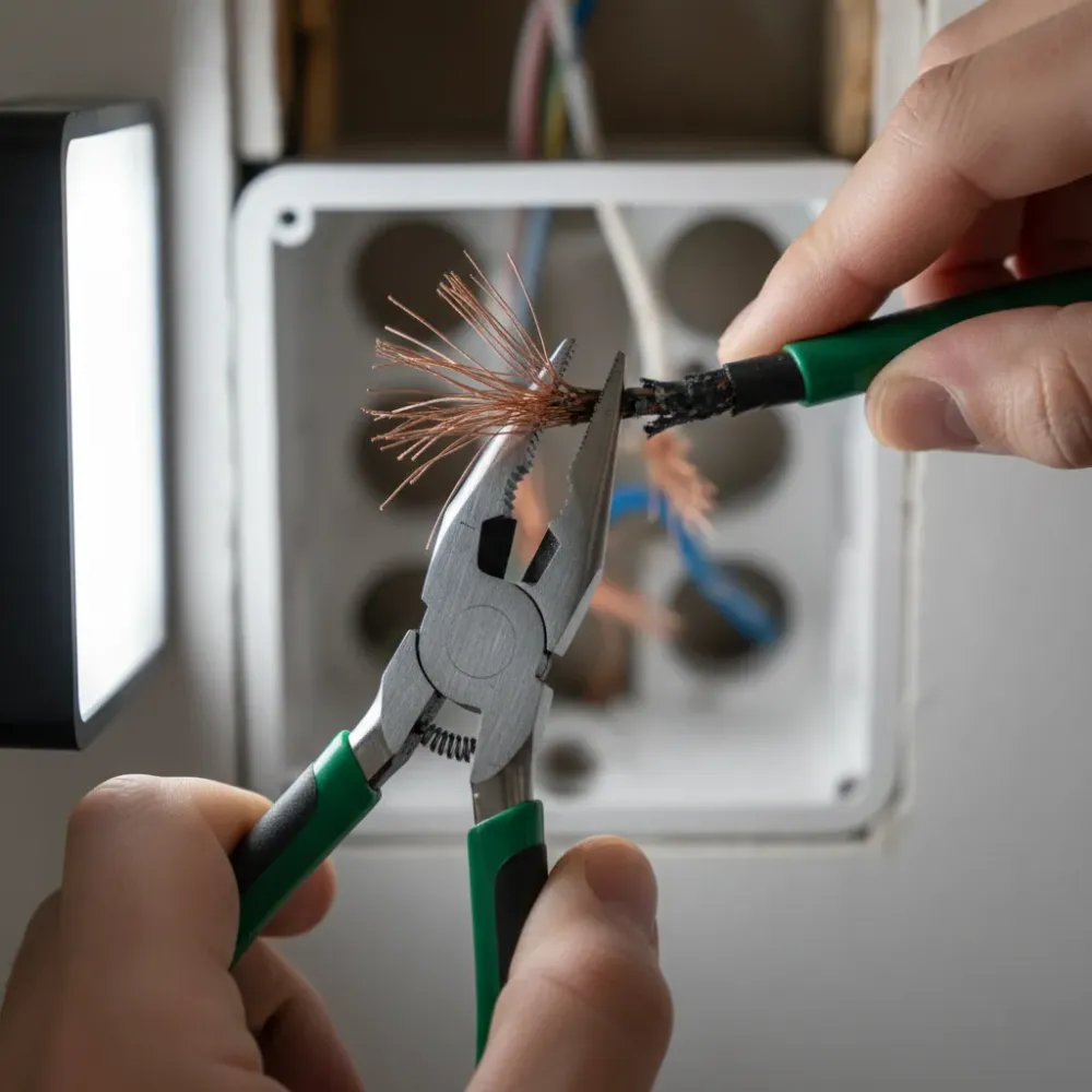 Close-up of damaged electrical wiring being repaired inside junction box Oahu