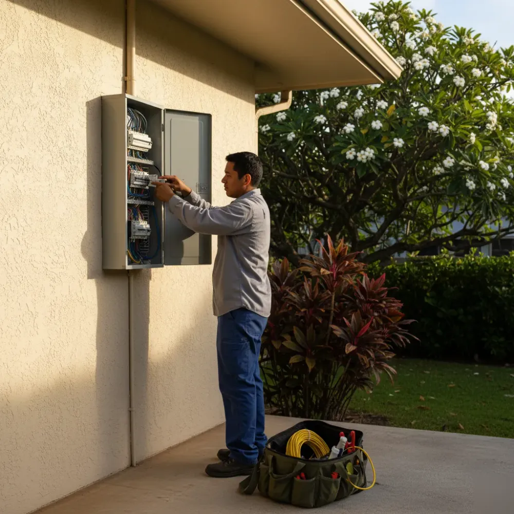 Electrician performing exterior wiring repair at Oahu residential home with tropical surroundings
