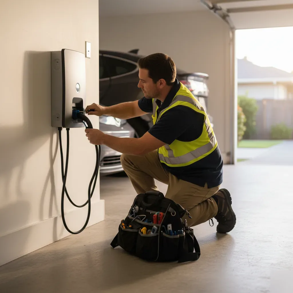 Licensed electrician installing a Level 2 EV charger in an Oahu residential garage
