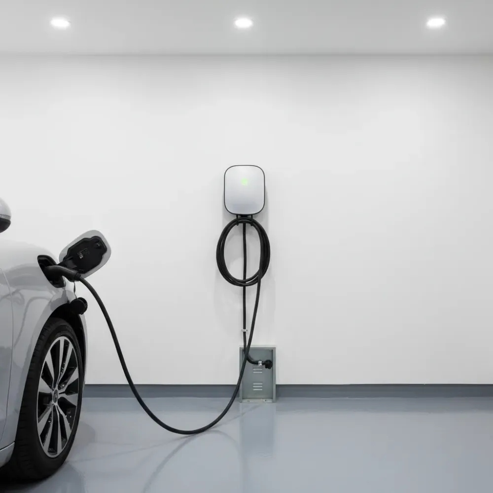 Completed Level 2 EV charger installation on garage wall in Oahu home