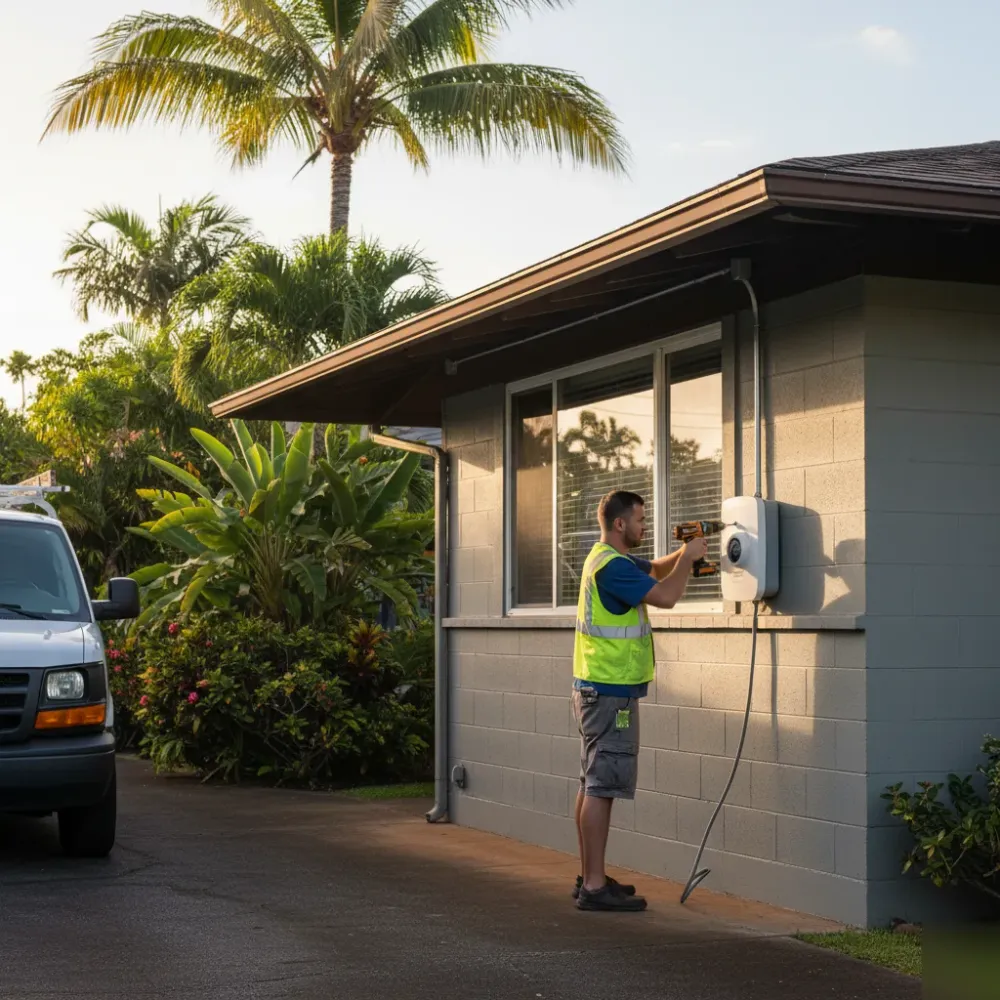Electrician mounting EV charger on exterior wall of Oahu home with tropical landscaping