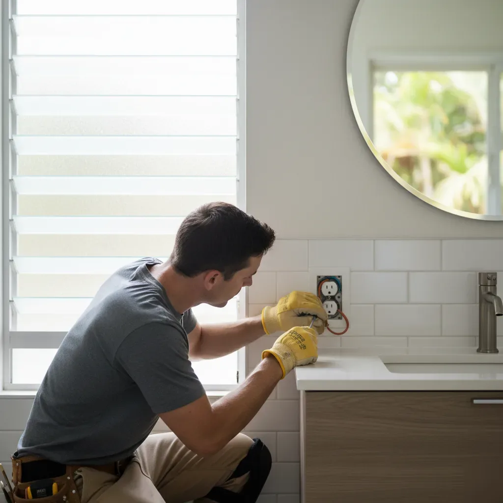 GFCI outlet installation in Oahu bathroom by licensed electrician